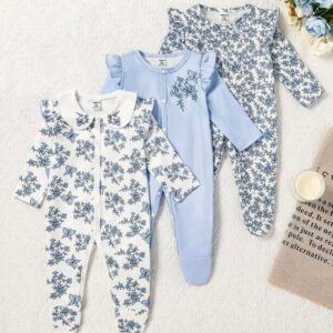 03 pièces grenouillères à pieds avec col fleuri