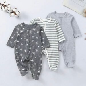 03 Grenouillères Rayées Et À Étoiles Pour Bébé Garçon Avec Pieds